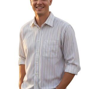 Joseph & Feiss White Blue Brown Pinstripe Dress Shirt. SZ 32. Washed. Never Worn